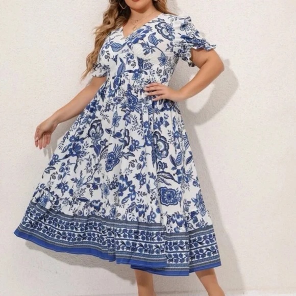 Plus Floral Print Puff Sleeve Midi Dress - Picture 5 of 9